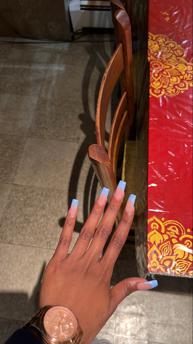 Long Blue Tip Nails, Light Blue Tips Acrylic Nails, Sky Blue Tips Nails, Light Blue Nails Acrylic French Tip, Opposite French Tip Nails, Light Blue French Tips Coffin, Blue French Tip Ideas, Blue Acrylic Christmas Nails, Blue Tip Nails Square