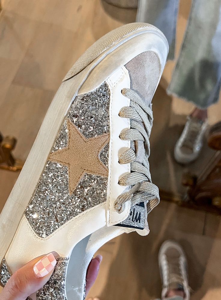 Your Favorite Glitter Neutral Star Sneaker Casual Sneakers With Glitter Print, Casual Glitter Print Sneakers, Casual Low-top Sneakers With Glitter Print, Casual Lace-up Sneakers With Glitter Print, Glitter Sneakers Outfit, Dream Closet Clothes, Golden Goose Sneakers Outfit, Mountain Wear, Goose Sneakers