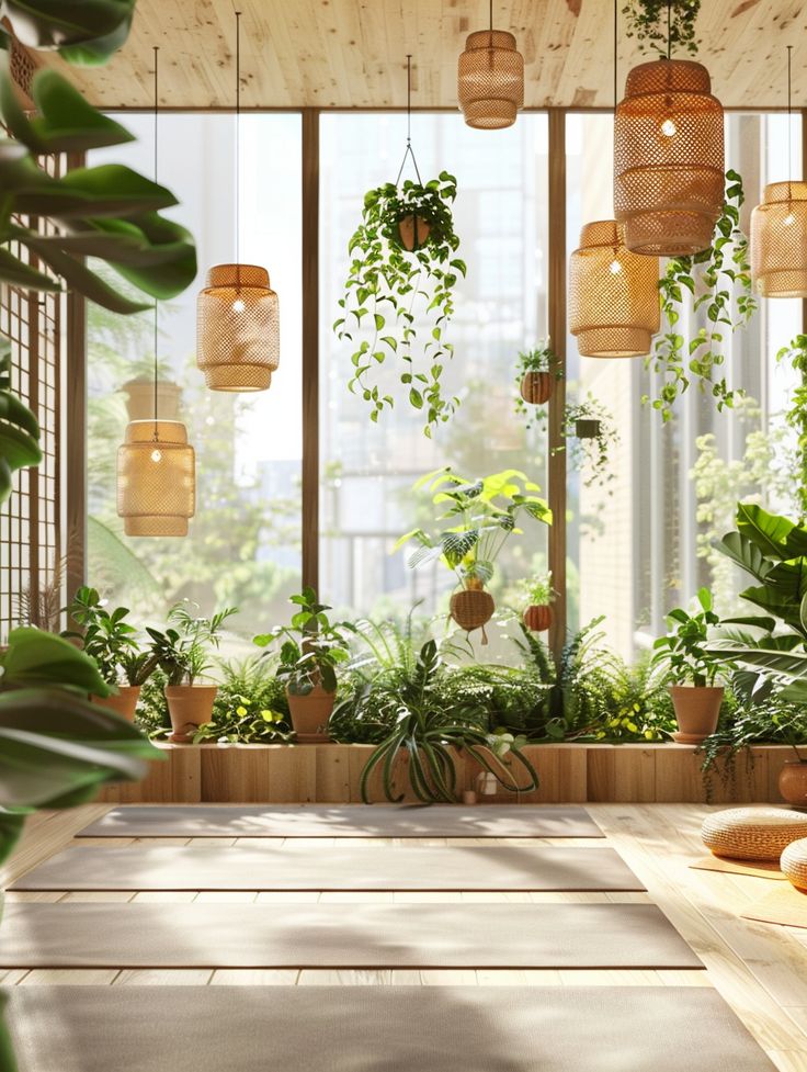 a room filled with lots of potted plants and hanging lights above the windows in front of them