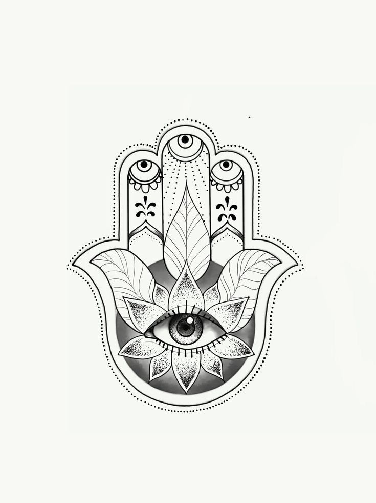 a hamsa with an eye on it and leaves in the middle is drawn by hand