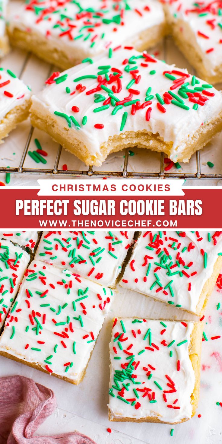 christmas cookie bars with white frosting and sprinkles