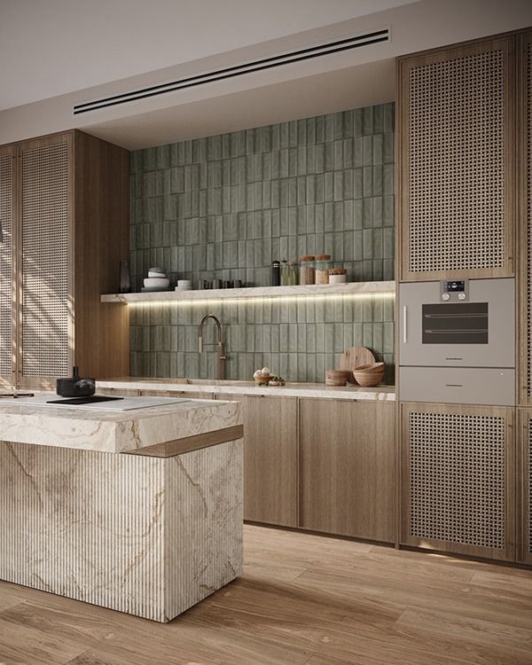 a kitchen with wooden cabinets and counter tops