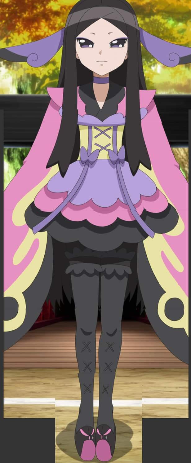 an anime character with long black hair wearing a pink and yellow dress