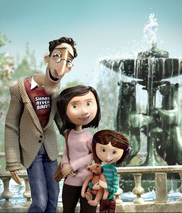 an animated family standing in front of a fountain