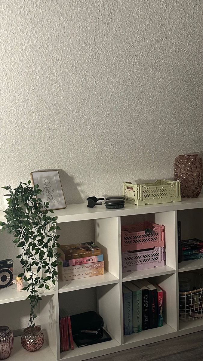 a white shelf with books and plants on it