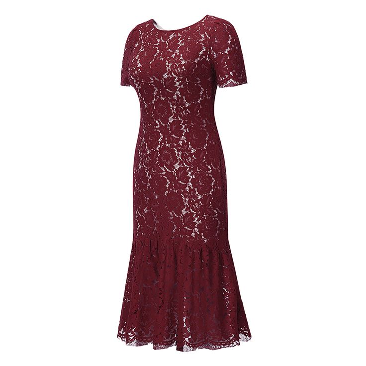 Wine Red Lace Low Back Mermaid Party Dress Fitted Red Mermaid Dress For Party Season, Red Mermaid Hem Dress For Party Season, Red Mermaid Dress For Formal Occasions, Red Mermaid Dress For Party, Elegant Red Mermaid Dress For Party, Red Mermaid Hem Party Dress, Red Fishtail Mermaid Dress For Party, Red Mermaid Hem Evening Dress For Party, Elegant Red Mermaid Fishtail Dress