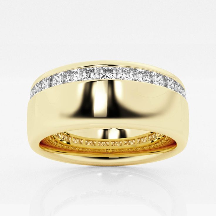 Create a beautifully bold look with a wide gold band and dazzling lab grown princess diamonds. The  ideal piece for anyone that wants their jewelry to make a statement, this band features 8MM of gleaming gold and a row of channel set princess cut diamonds for endless sparkle. For a ring that can't be missed, look no further than  this glamorous statement piece! Thick Gold Wedding Band, Wide Band Diamond Rings, Wide Gold Band, Gold Diamond Wedding Band, Pearl And Diamond Earrings, Dream Engagement Rings, Princess Diamond, Fine Jewels, Womens Wedding Bands