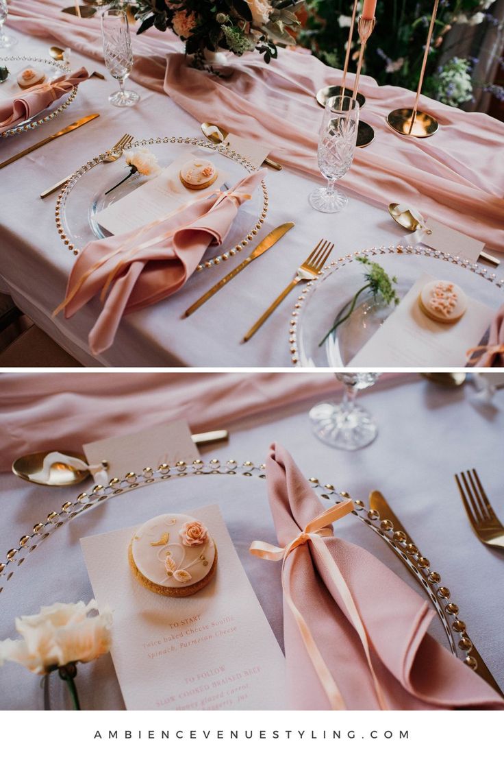 the table is set with pink napkins and place settings for an elegant wedding reception