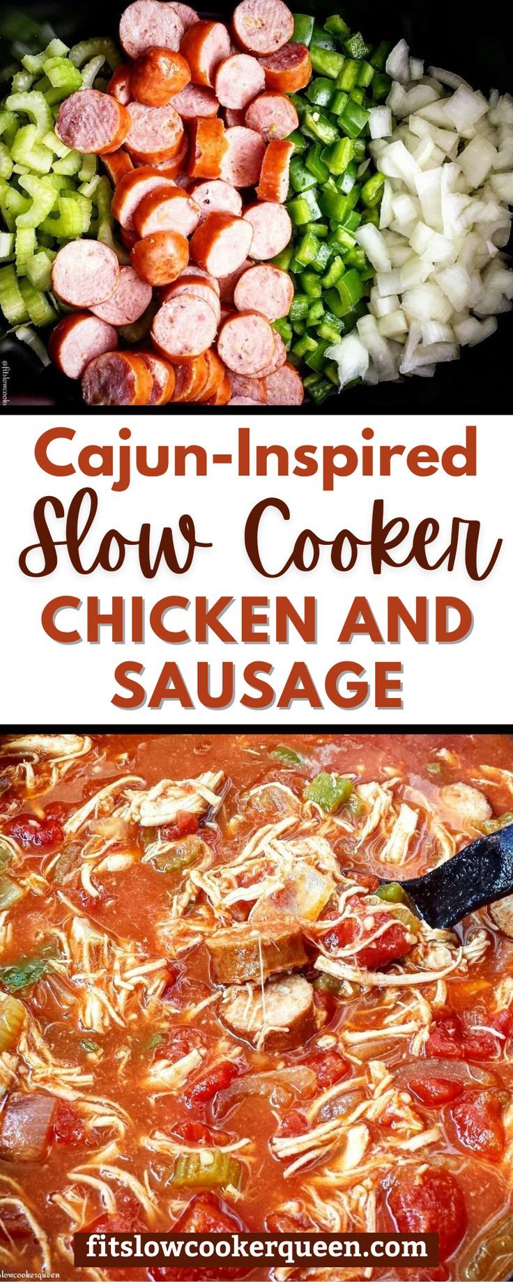 the ingredients for this slow cooker chicken and sausage soup are shown in two pictures