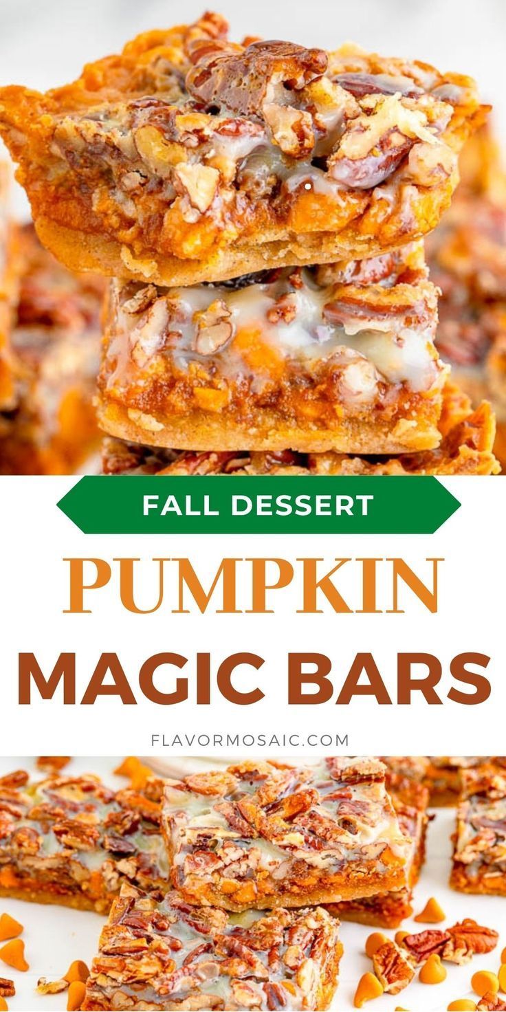 pumpkin magic bars stacked on top of each other with the words fall dessert written below