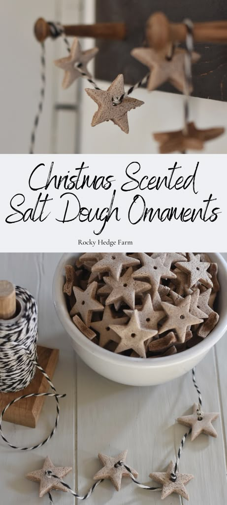 christmas scented salt dough ornaments in a bowl with twine spools on the side