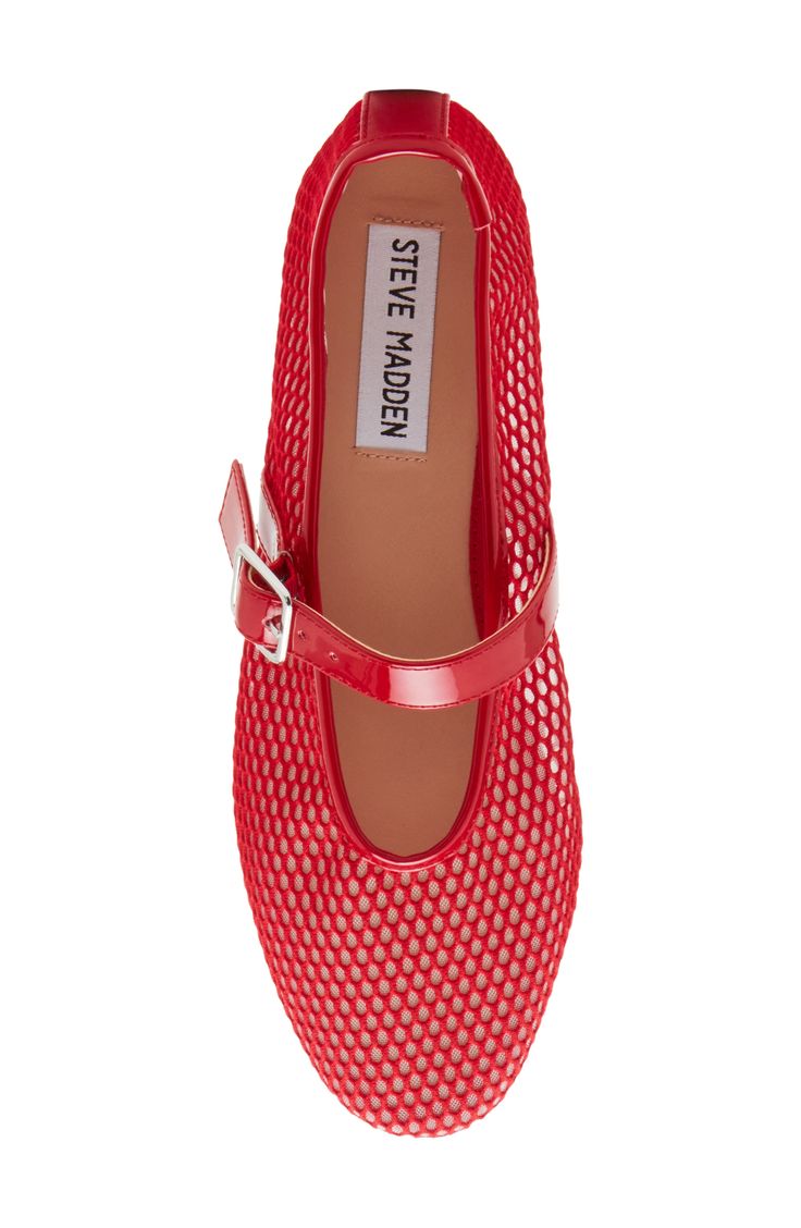 A mesh upper amplifies the contemporary appeal of a luxe flat fashioned with an adjustable mary jane strap for a secure fit. Adjustable strap with buckle closure Synthetic and textile upper and lining/synthetic sole Made in Turkey Modern Mary Janes With Buckle Closure For Spring, Red Mary Janes With Buckle Closure For Spring, Red Fits, Mary Jane Flats, Anniversary Sale, Fashion Flats, Womens Flats, Mary Janes, Steve Madden