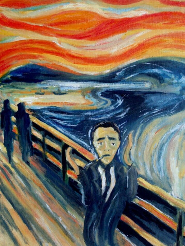 an oil painting of a man standing in front of the scream