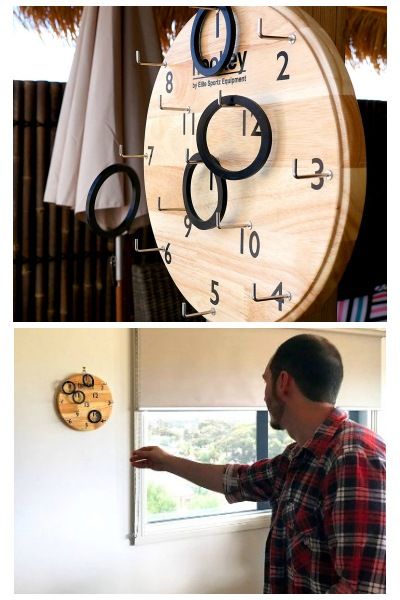 a man standing next to a large wooden clock on the side of a window sill