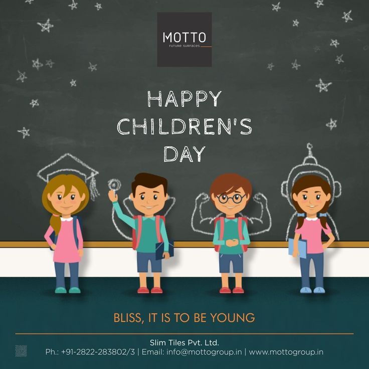 three children standing in front of a blackboard with the words happy children's day