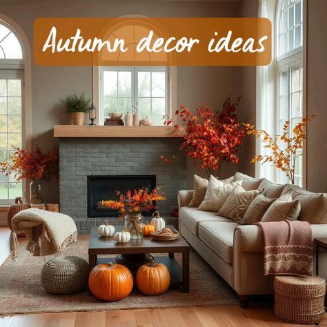 a living room filled with lots of furniture and fall decorations on top of the fireplace