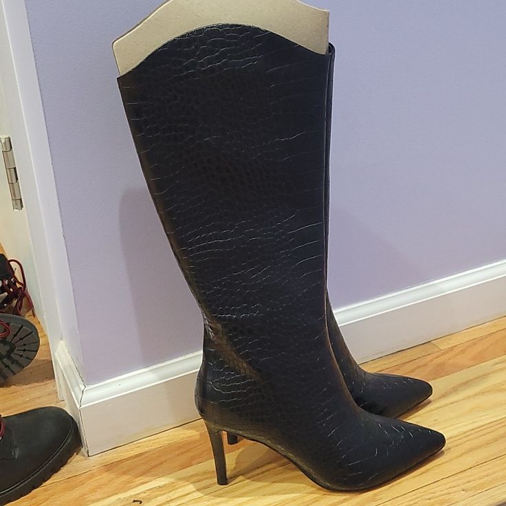 Black Pointy Toe Boots. Heel Is 3.43" Never Worn. Black Formal Knee-high Boots, Chic Black Snip Toe Mid-calf Boots, Chic Black Mid-calf Boots With Snip Toe, Black Fitted Mid-calf Boots For Formal Occasions, Black Snip Toe Knee-high Boots For Work, Black Knee-high Heeled Boots With 4-inch Heel, Black Knee-high Boots With 4-inch Heel, Fitted Black Mid-calf Boots For Office, Black Snip Toe Heeled Boots For Evening