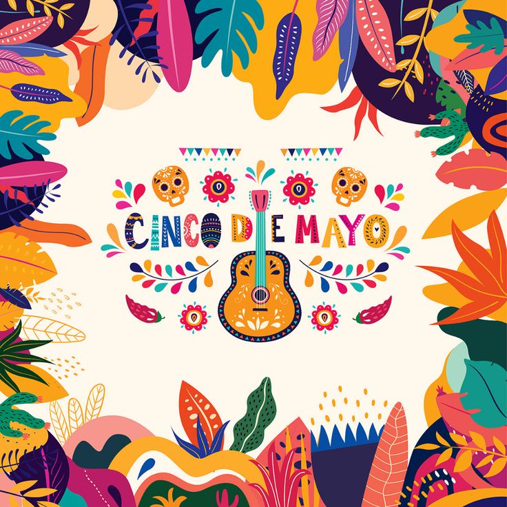 an illustration with the words cinco de mayo surrounded by colorful flowers and leaves