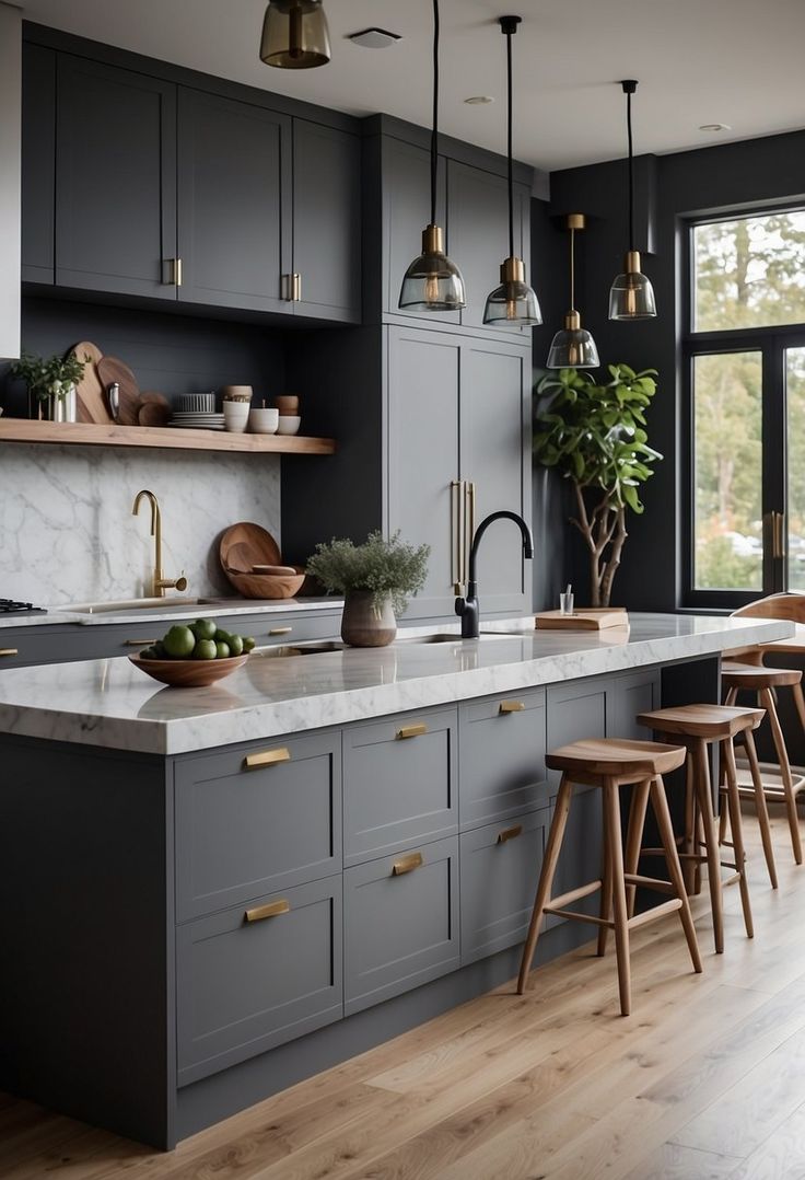 a kitchen with gray cabinets and wooden stools next to an island in the middle