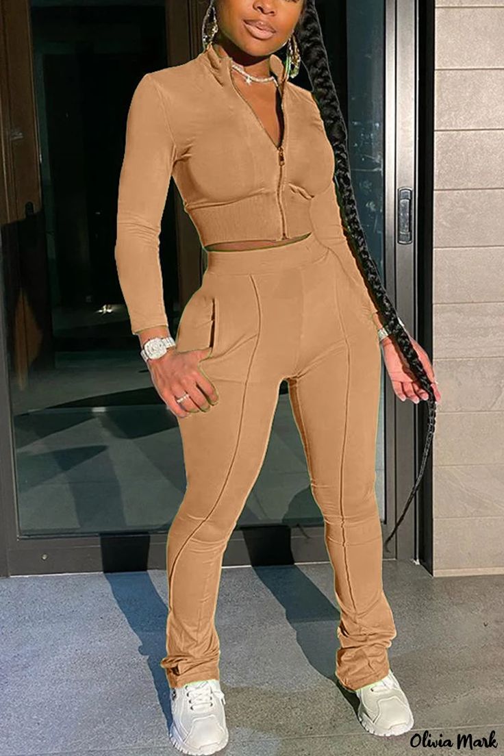 Olivia Mark - Stylish Charcoal Gray Two-Piece Long Sleeve Set with Zipper Fitted Khaki Sets With Pockets, Khaki Fitted Long Sleeve Jumpsuits And Rompers, Grey Two Piece, Blue Two Piece, Two Piece Pants Set, Frill Dress, Chic Pink, Shades Of Orange, White Fashion