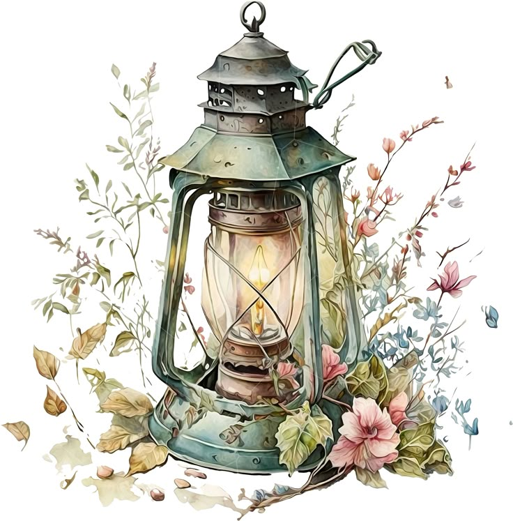 a watercolor painting of a lantern with flowers around it