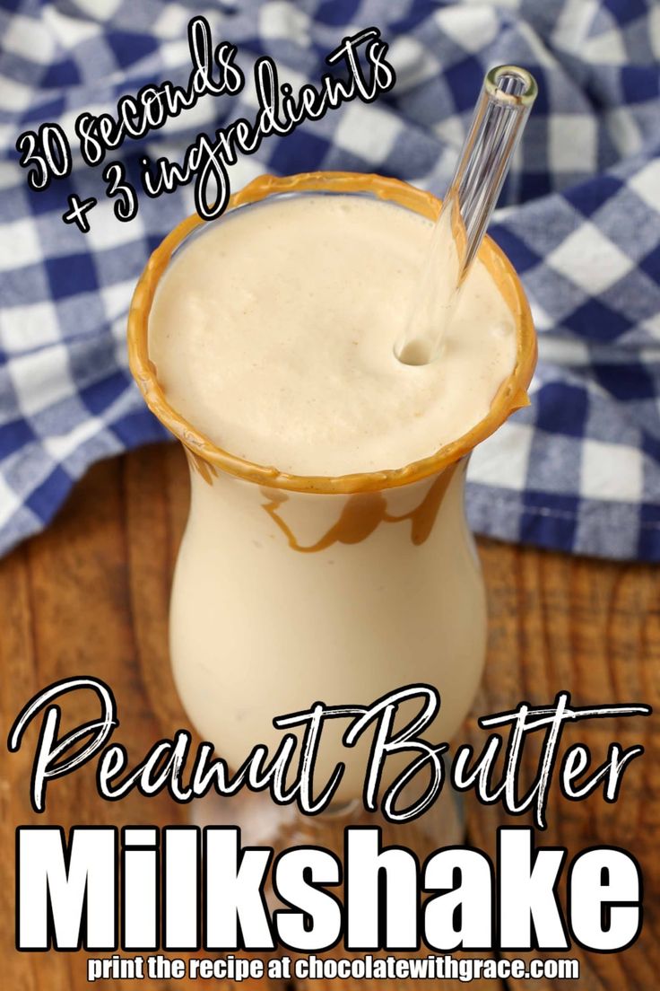 peanut butter milkshake in a glass on a wooden table with text overlay