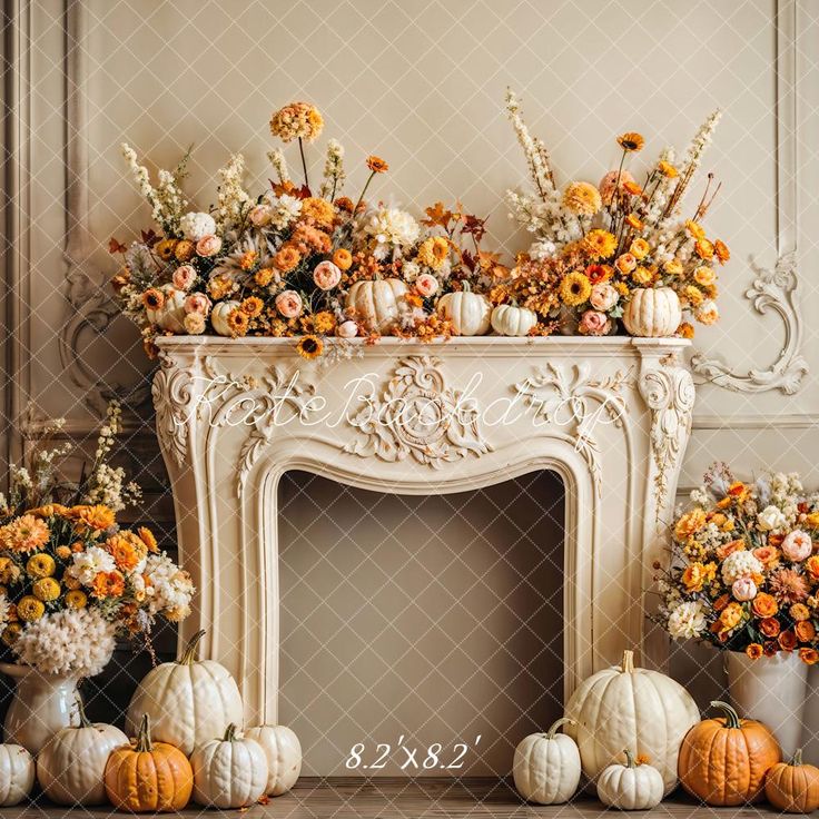 a fireplace decorated with flowers and pumpkins