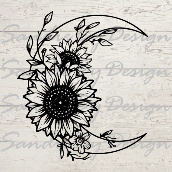 sunflowers and crescent moon on wood background