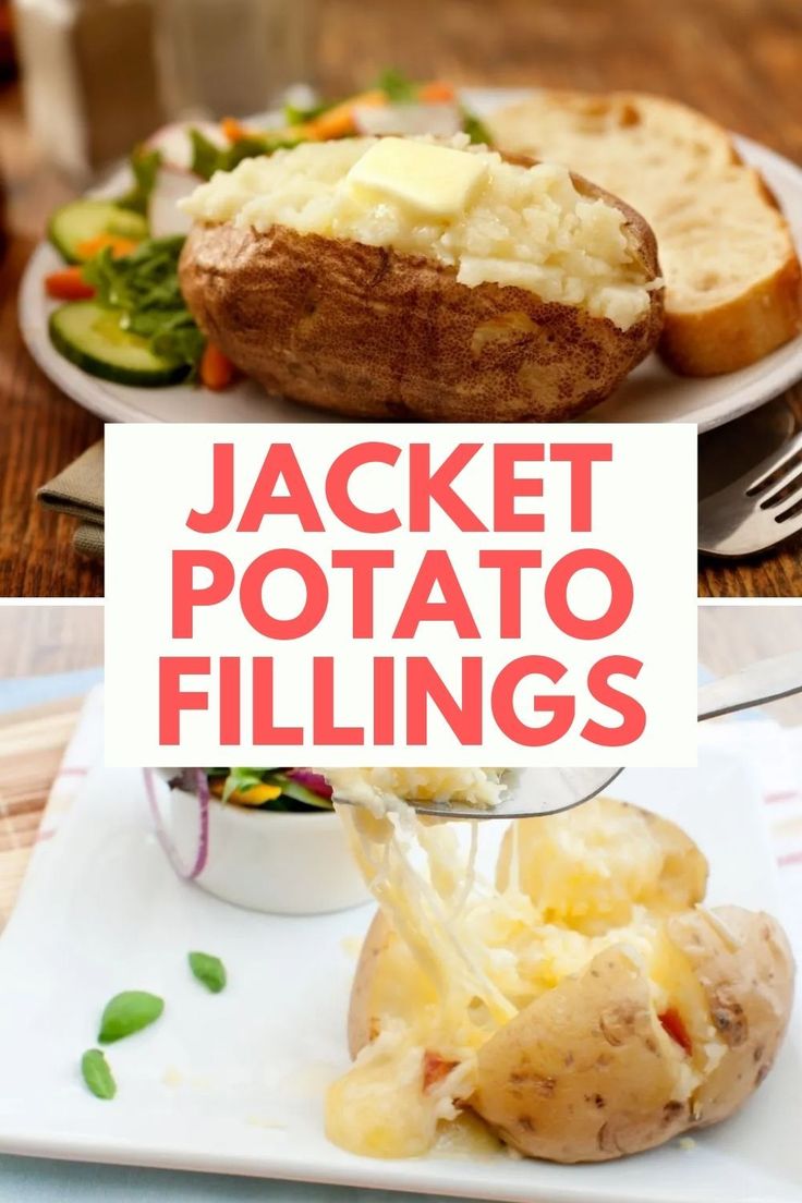 there is a plate with potato fillings on it and the words jacket potato fillings