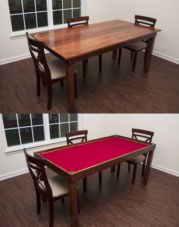 two pictures of a dining table and chairs with red cloth on the top one is empty