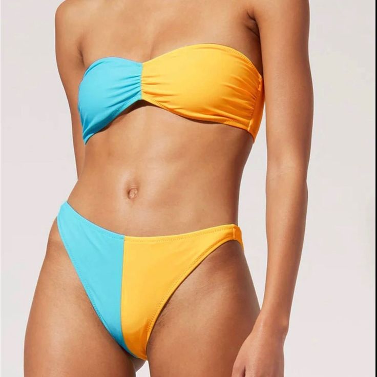 New With Tags Never Worn!! Selling Set Together Yellow Color Block Swimwear For Poolside, Yellow Color Block Swimwear, Yellow Color Block Swimwear For The Pool, Yellow Color Block Swimwear For Pool, Summer Yellow Color Block Swimwear, Yellow Color Block Swimwear For Swimming, Velvet Bottoms, Colorblock Swimsuit, Strapless Swimsuit