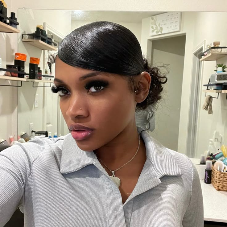 Sleek Swoop Ponytail Natural Hair, Swoop Messy Bun, Swoop Bun Hairstyles, Messy Bun With Swoop, Sleek Swoop Ponytail, Swoop Natural Hair, Low Bun With Bangs, Bun With Swoop, Weave Bun