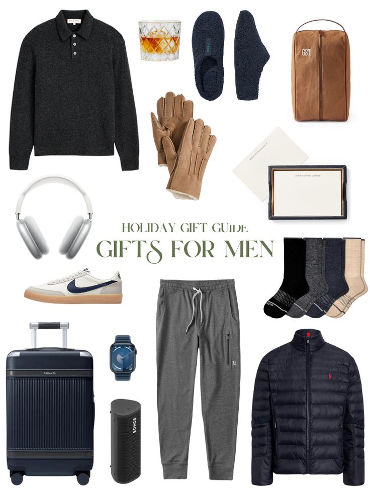 men's holiday gift guide for the gentleman in your life, including sweaters, gloves, socks, and shoes