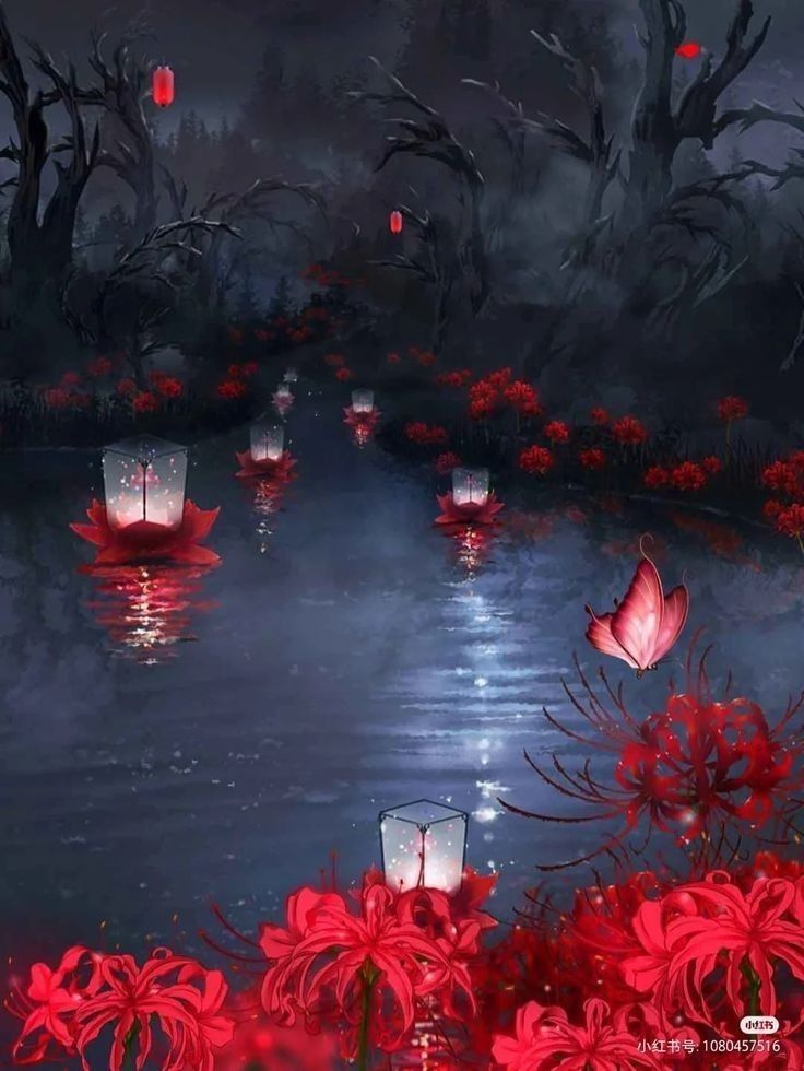 lanterns floating in the water at night with red flowers and trees around them, all lit up