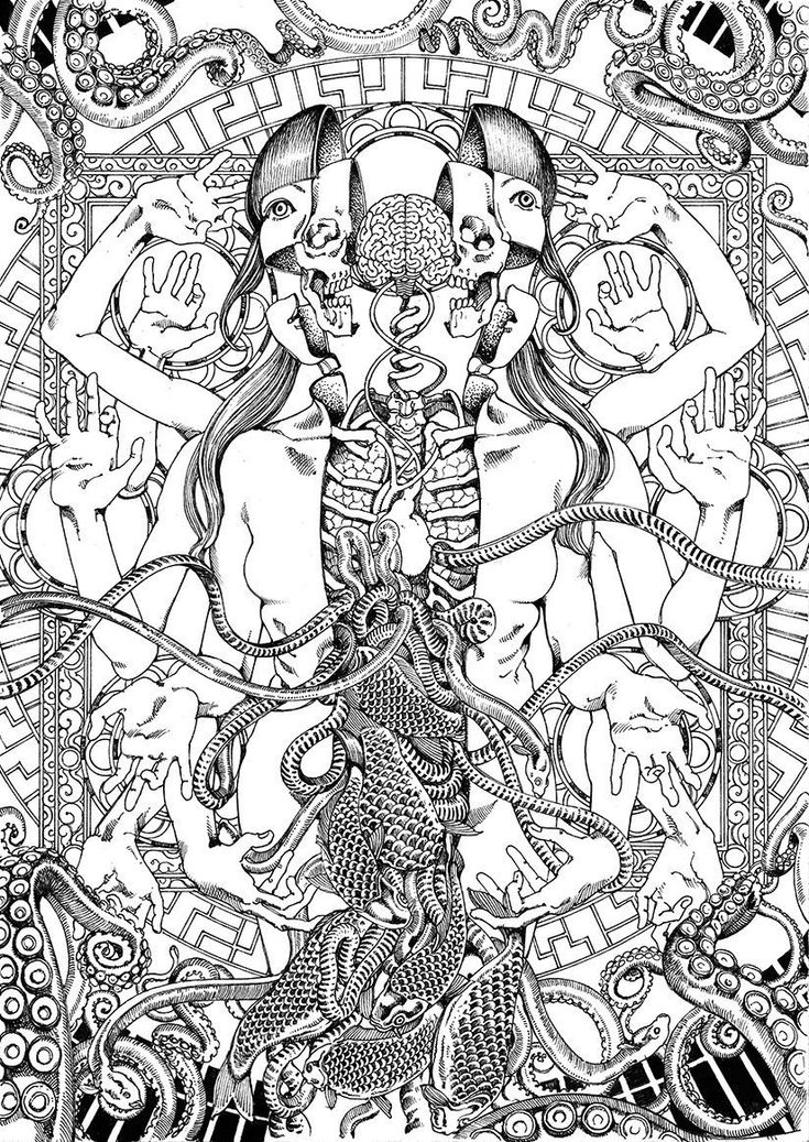 a drawing of two women surrounded by animals and other things in black and white ink