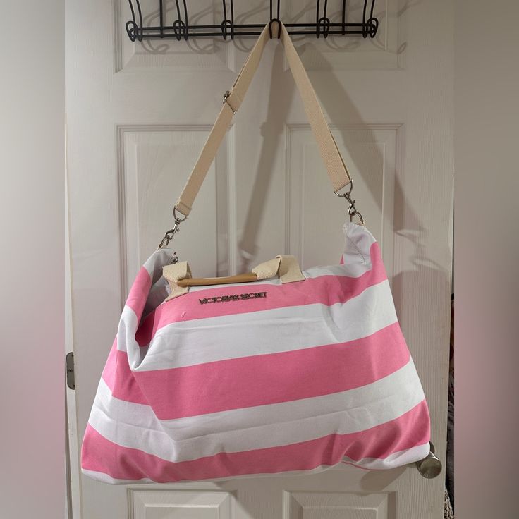 Pink And White Striped Victoria’s Secret Tote Bag, With A Longer Handle As Well As A Smaller Handle. Brand New Never Used. Pink And White Stripes, Victoria Secret Bags, Victoria's Secret Pink, Womens Tote Bags, Pink And White, Secret Pink, Victoria’s Secret, Pink White, White Stripe