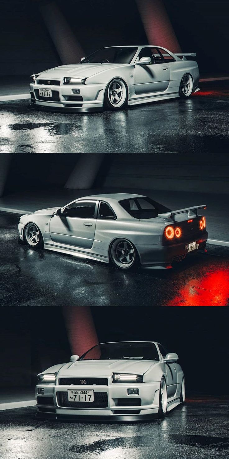 three different pictures of the same car in black and white, one with red lights