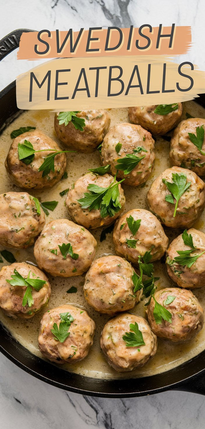 swedish meatballs in a skillet with parsley on top and title overlay