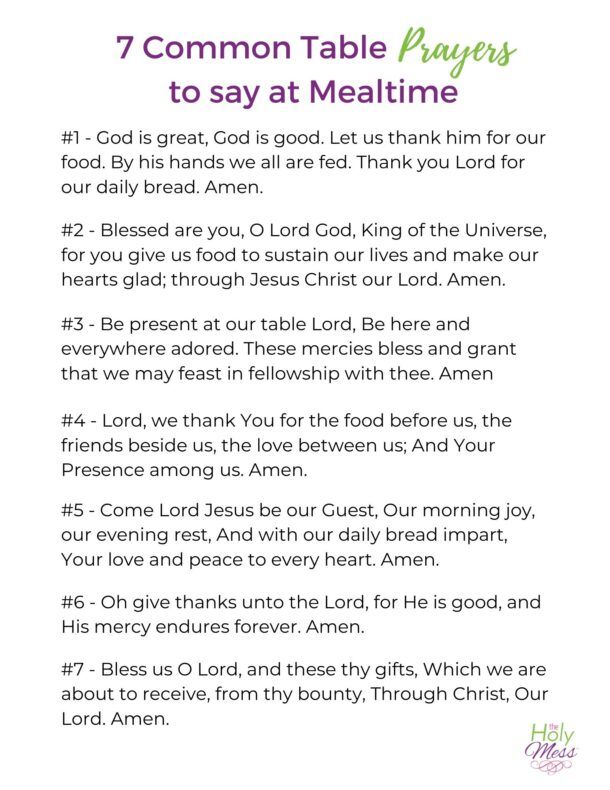 the 7 common table prayers to say at mealtime, with text overlay