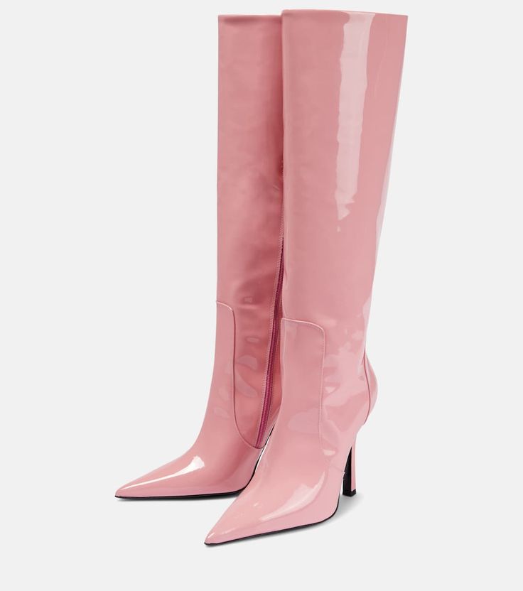 Patent Leather Knee High Boots in Pink - Blumarine | Mytheresa Trendy Patent Leather Knee-high Boots With Pointed Toe, Chic Glossy Finish Boots For Parties, Fitted Patent Leather Knee-high Boots With Pointed Toe, Formal Pink Pointed Toe Heeled Boots, Chic Pink Heeled Boots For Formal Occasions, Pink Pointed Toe Heeled Boots For Formal Occasions, Elegant Pink Fitted Heeled Boots, Pink Leather Knee-high Boots, Pink Leather Fitted Knee-high Boots