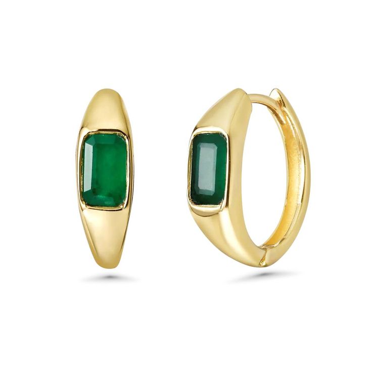 Emerald Cut Emerald Huggies Earrings (1.00 ct.) in 14K Gold | Capucelli Elegant Gemstone Huggie Earrings For Formal Events, Elegant Gemstone Huggie Earrings For Formal Occasions, Elegant Formal Huggie Earrings With Gemstone, Classic Gold Hoop Earrings With Gemstone, Formal Fine Jewelry Huggie Earrings With Gemstones, Classic Baguette Cut Huggie Earrings As Gift, Classic Baguette Cut Huggie Earrings For Gifts, Classic Gemstone Huggie Earrings For Gift, Elegant Green 14k Gold Huggie Earrings