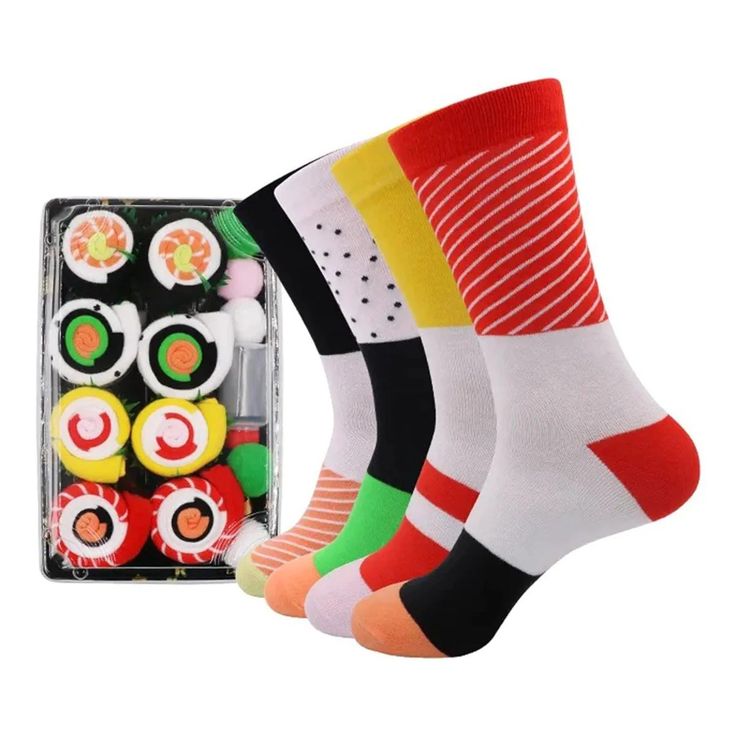 Novelty Sushi Socks Box Unisex 4 Pairs a Box Sushi Socks are an outstanding novelty item that offer a unique and scrumptious fashion statement. Four pairs in a box guarantees a wide selection of styles to keep your feet stylish. Searching for a creative and one-of-a-kind present for the sushi enthusiast in your circle? Our Novelty Socks for Men 4 Pairs in a Box is the solution! With designs resembling traditional Salmon and Rainbows to modern twists, these socks ensure your feet are stylish and comfortable. Instead of wearing routine socks, you can flaunt standout style with these playful Sushi Socks. Ideal for both personal use and gifting, these socks are sure to make a statement and add flair to any look. Sushi socks combine novelty and style, making them an attractive option for fashio Pizza Sushi, Sushi Socks, Pizza Socks, Sushi Design, Personal Pizza, Padded Hangers, Stylish Socks, Christmas Gift Sets, Maneki Neko