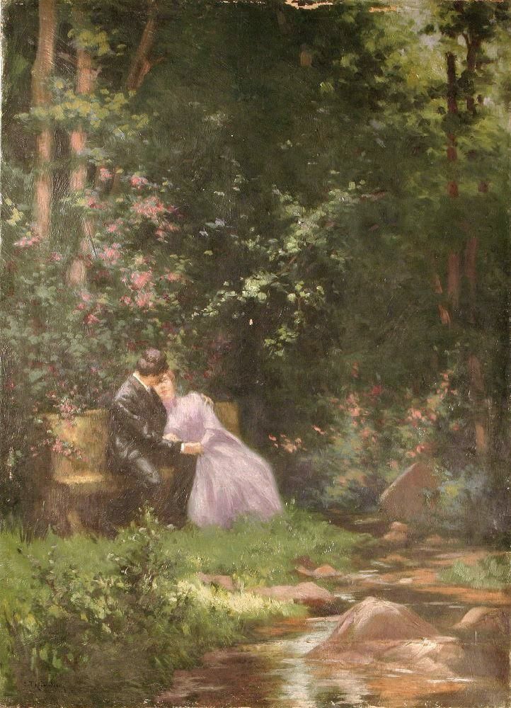 a painting of a man and woman sitting on a bench next to a stream in the woods