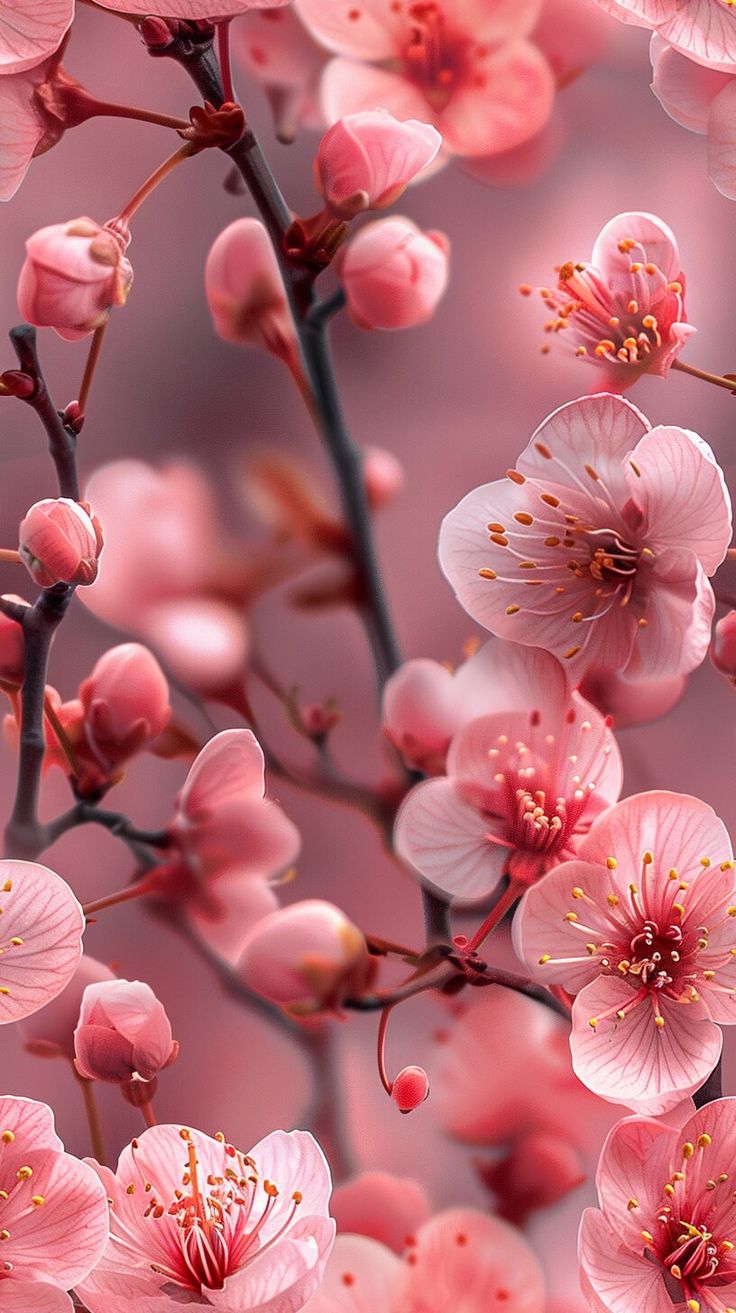 pink flowers are blooming on a tree branch