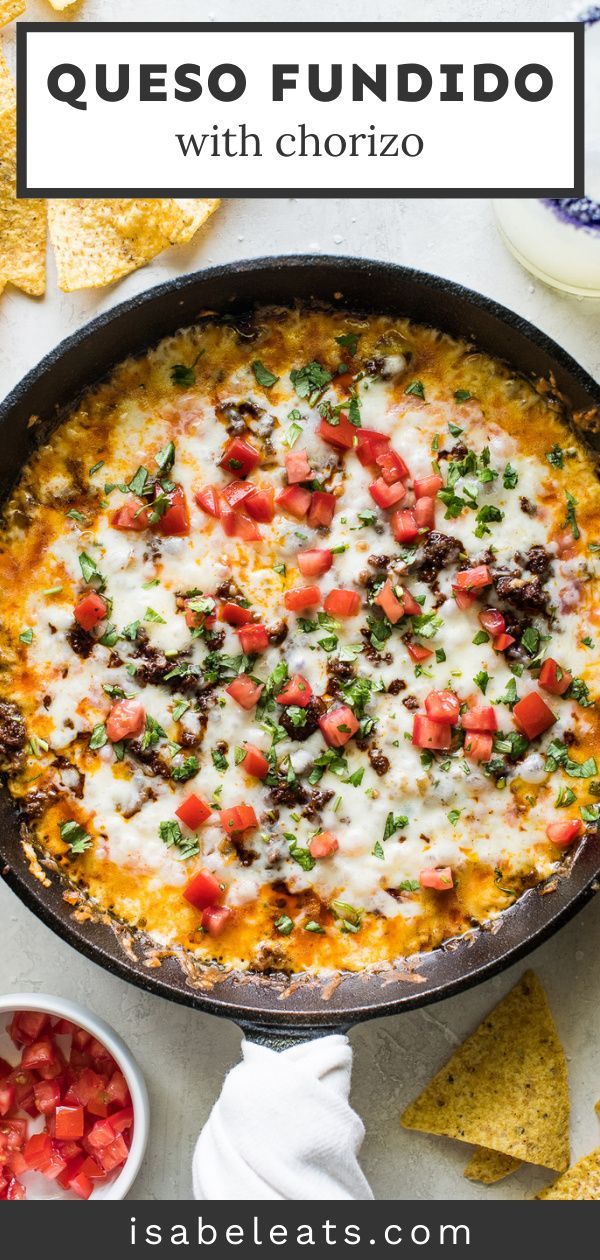 quesadilla in a cast iron skillet with tortilla chips on the side