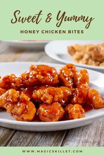 sweet and yummy honey chicken bites on a white plate