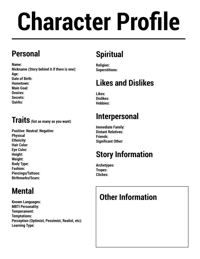 a black and white resume with the words character profile