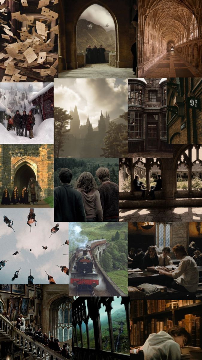 harry potter collage with hogwart's castle in the background and many other images