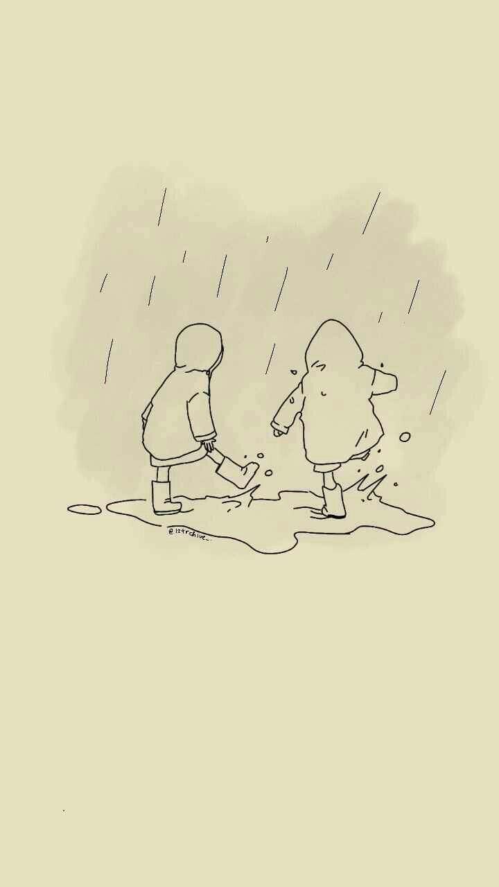 a drawing of two people walking in the rain