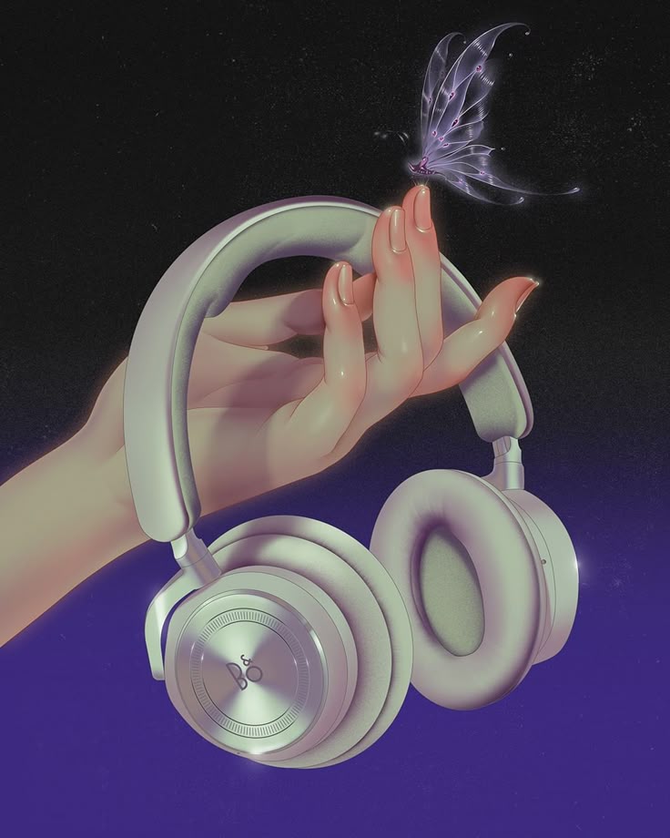 a hand holding a pair of headphones with a butterfly flying above it on a purple background